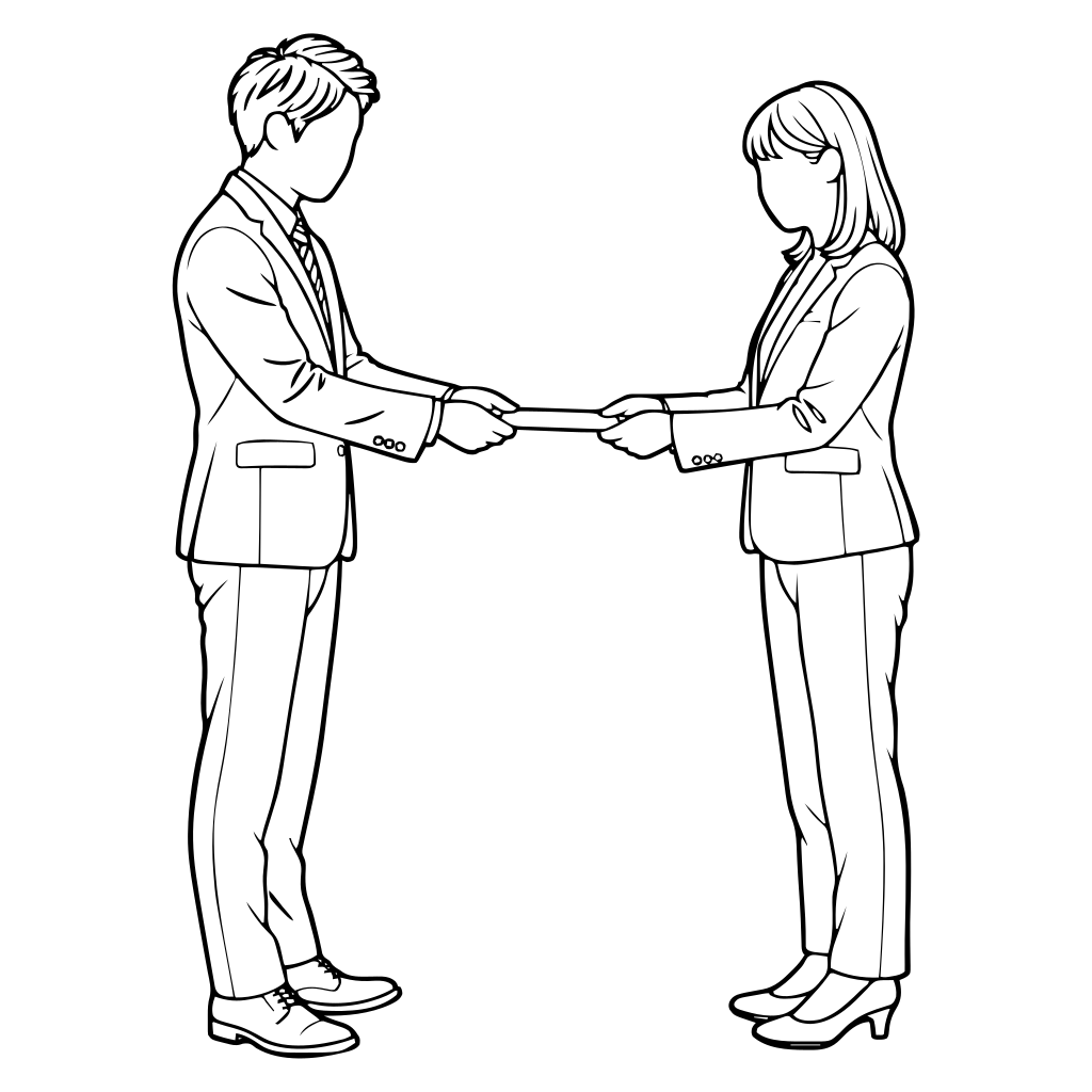 書類を渡す2人のイラスト（線画）