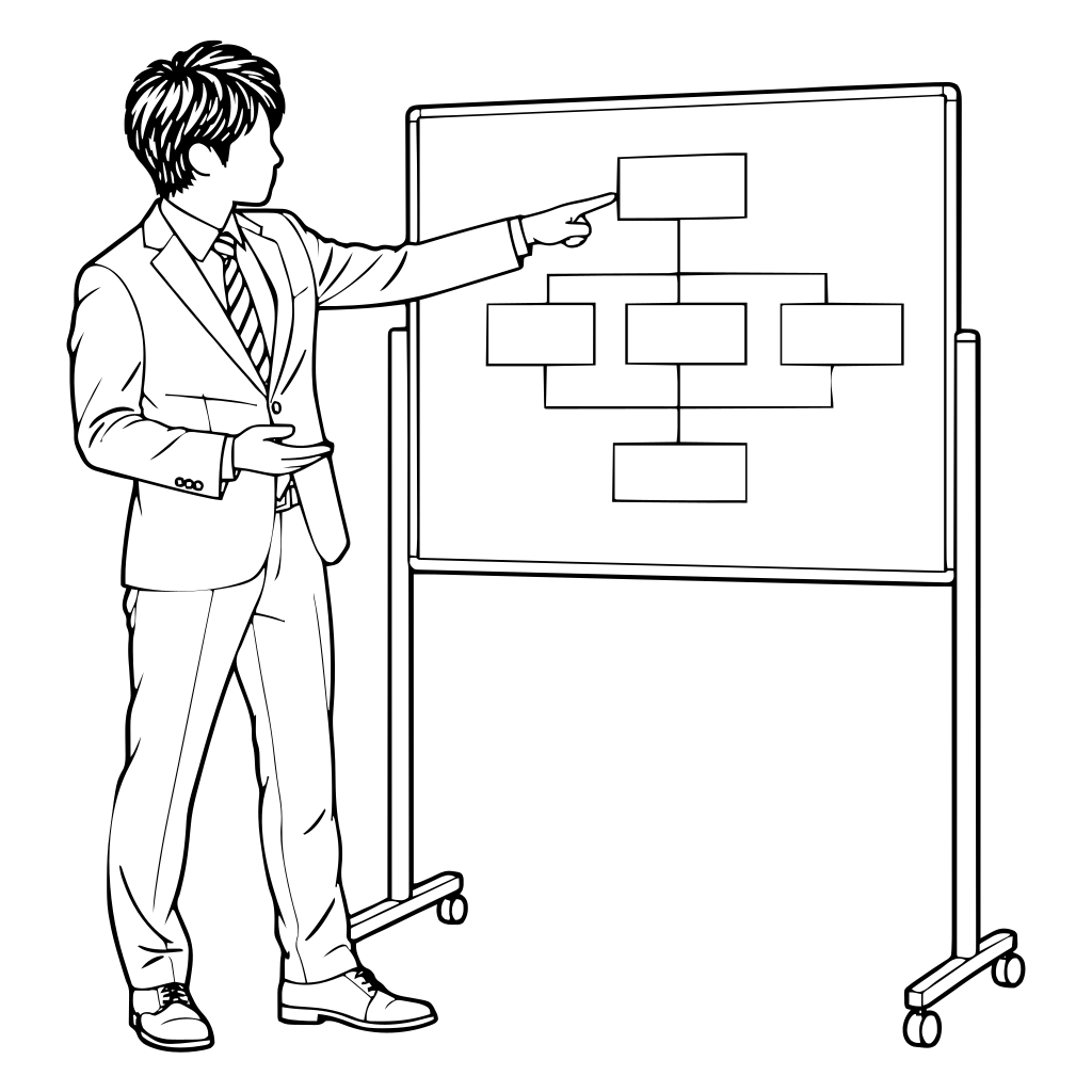 ボードを指して説明する人のイラスト（線画）