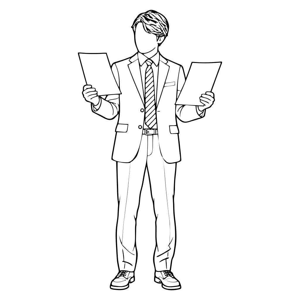 2枚の書類を見比べる人のイラスト（線画）