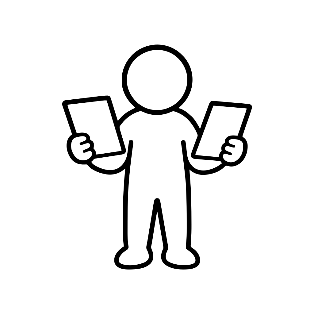 2枚の書類を見比べる人のイラスト（丸みのあるデフォルメ）