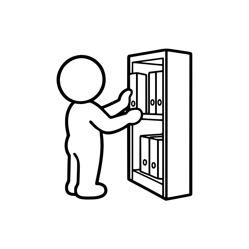 棚にフォルダーをしまう人のイラスト（丸みのあるデフォルメ）
