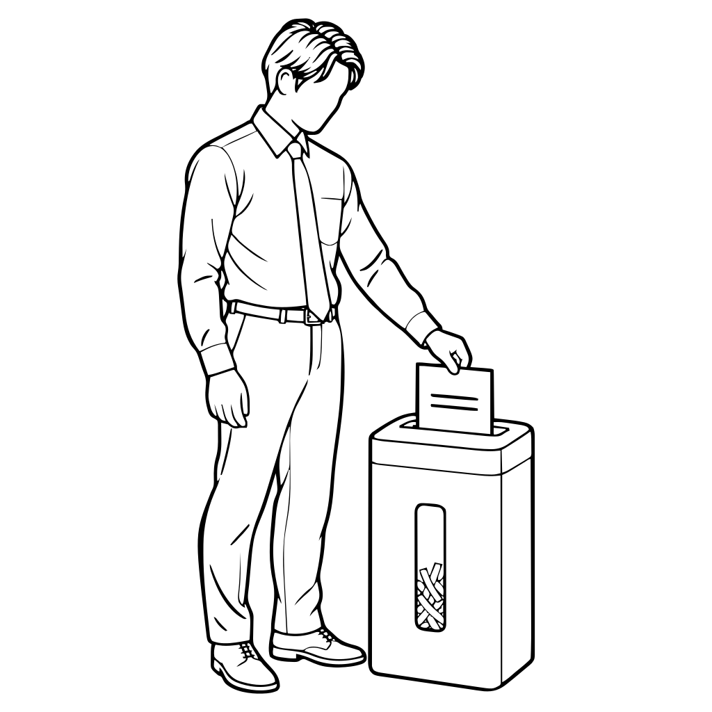 書類をシュレッダーにかけるのイラスト（線画）