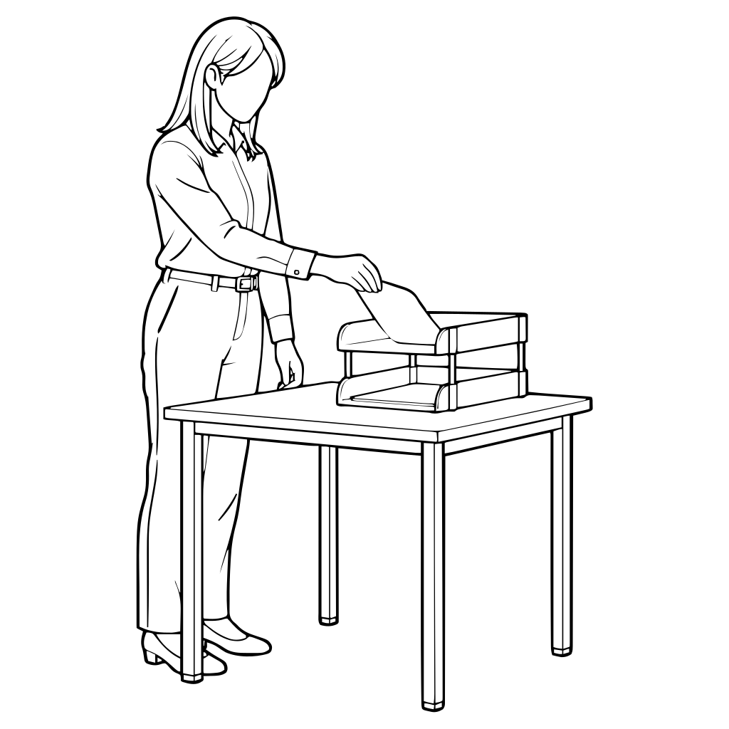 書類をトレーに仕分けるのイラスト（線画）