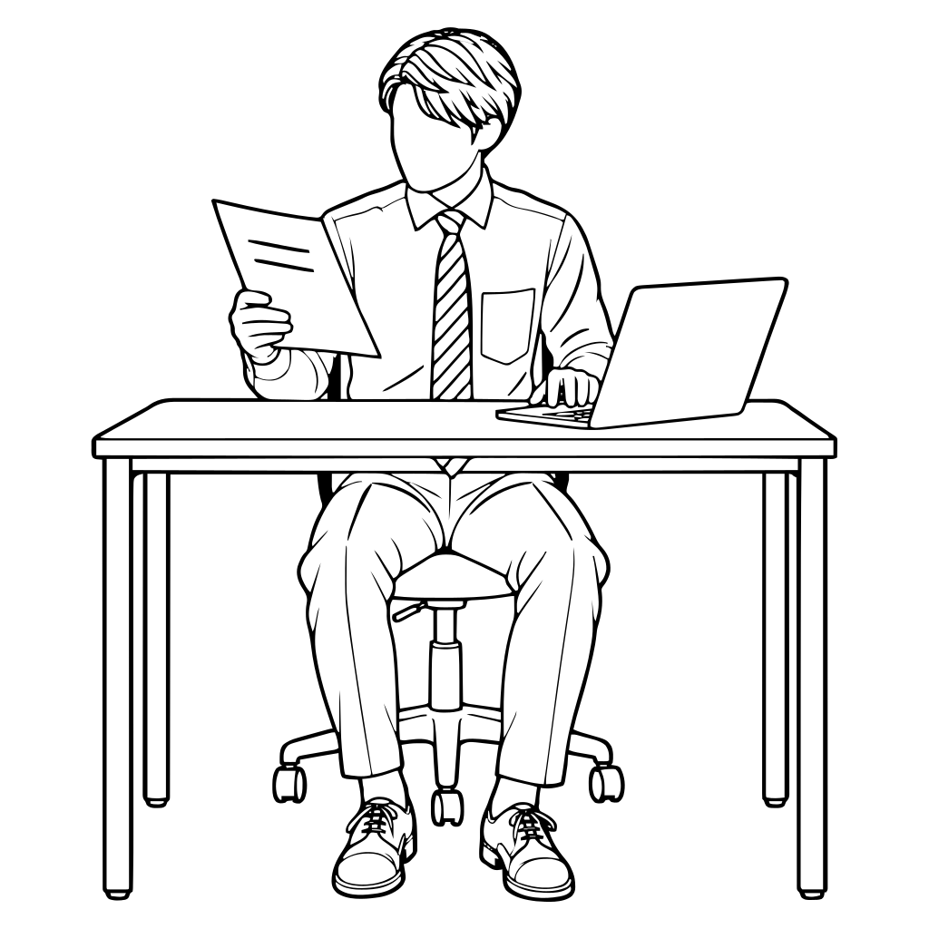 紙を見ながらPCへ転記するのイラスト（線画）