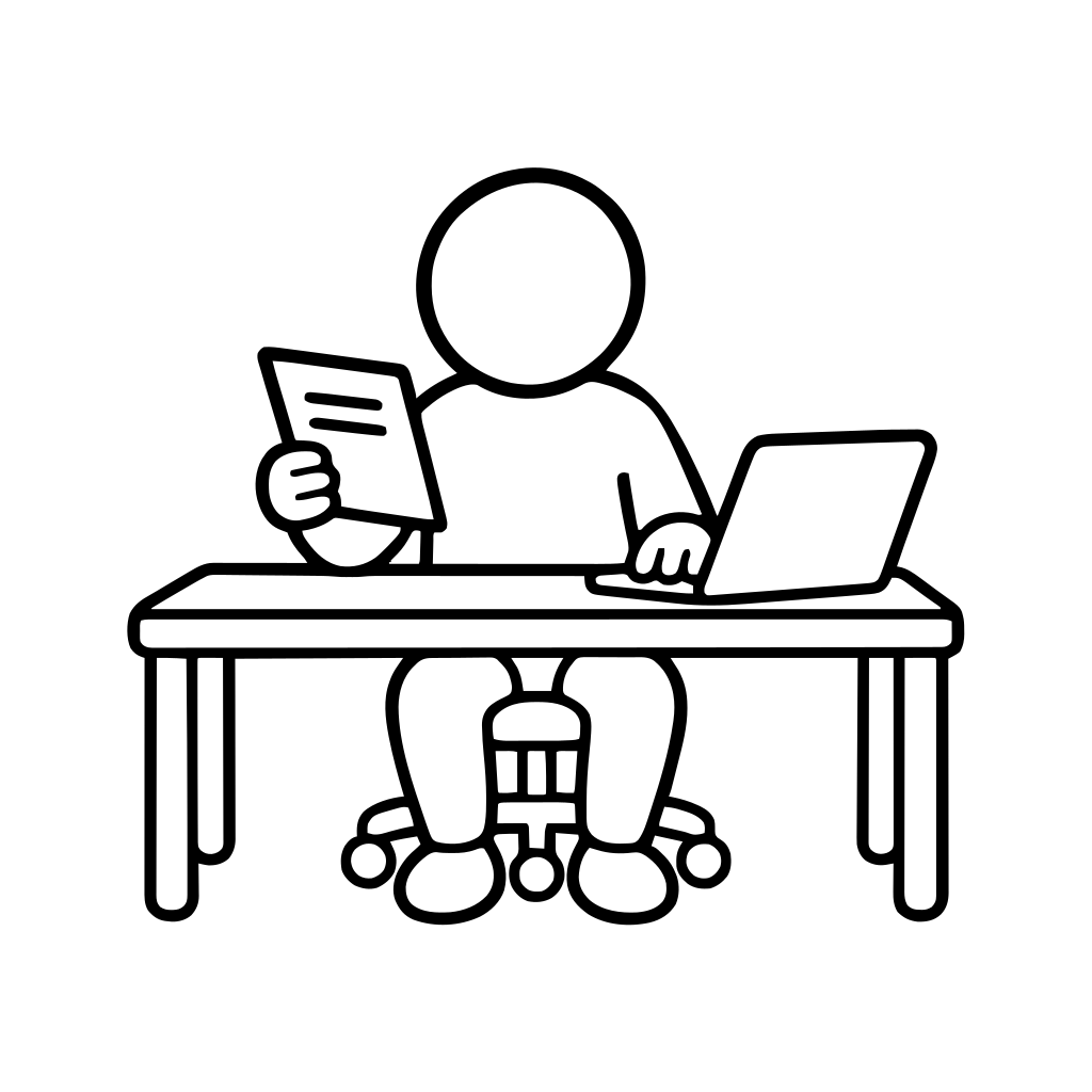 紙を見ながらPCへ転記するのイラスト（丸みのあるデフォルメ）