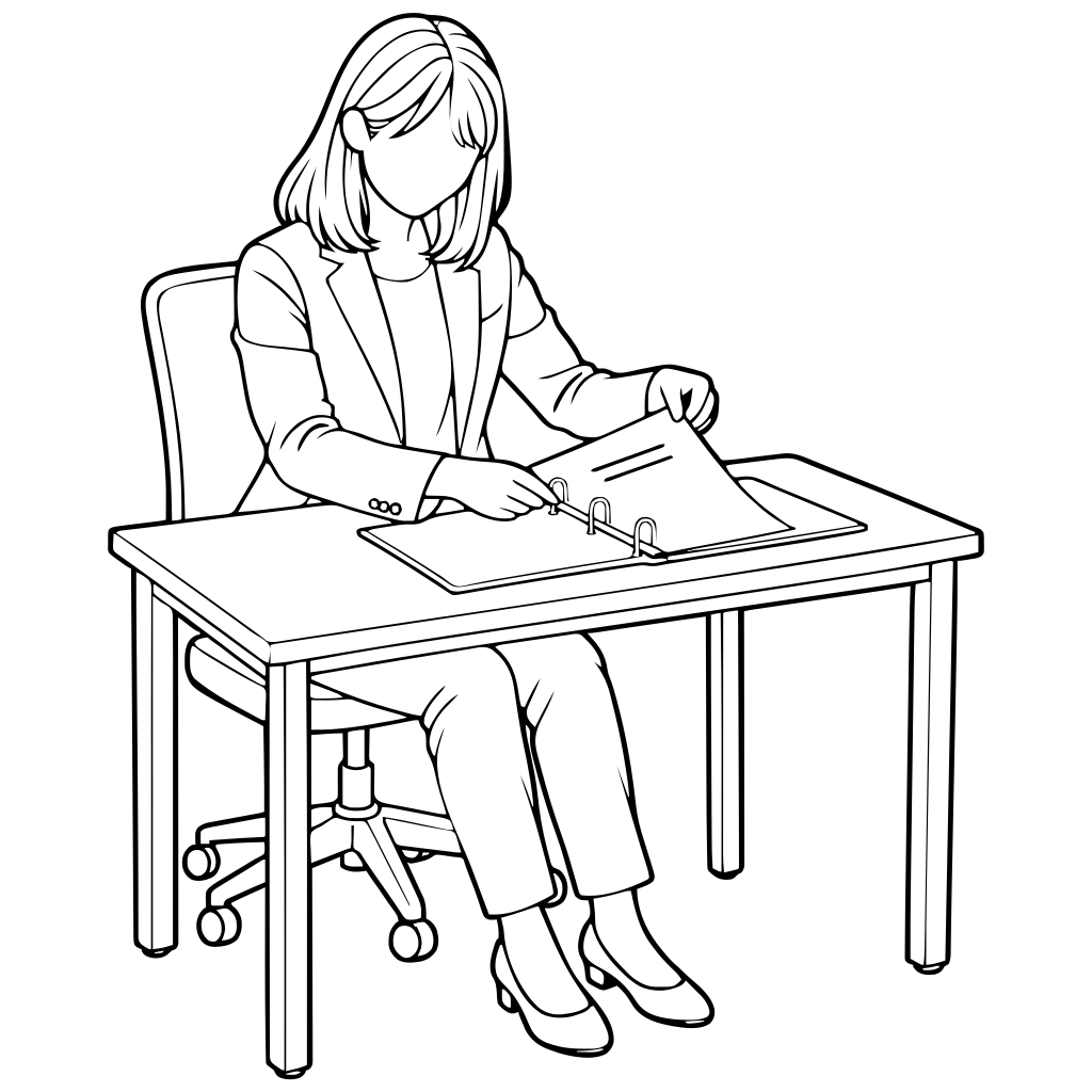 書類をバインダーに綴じるのイラスト（線画）