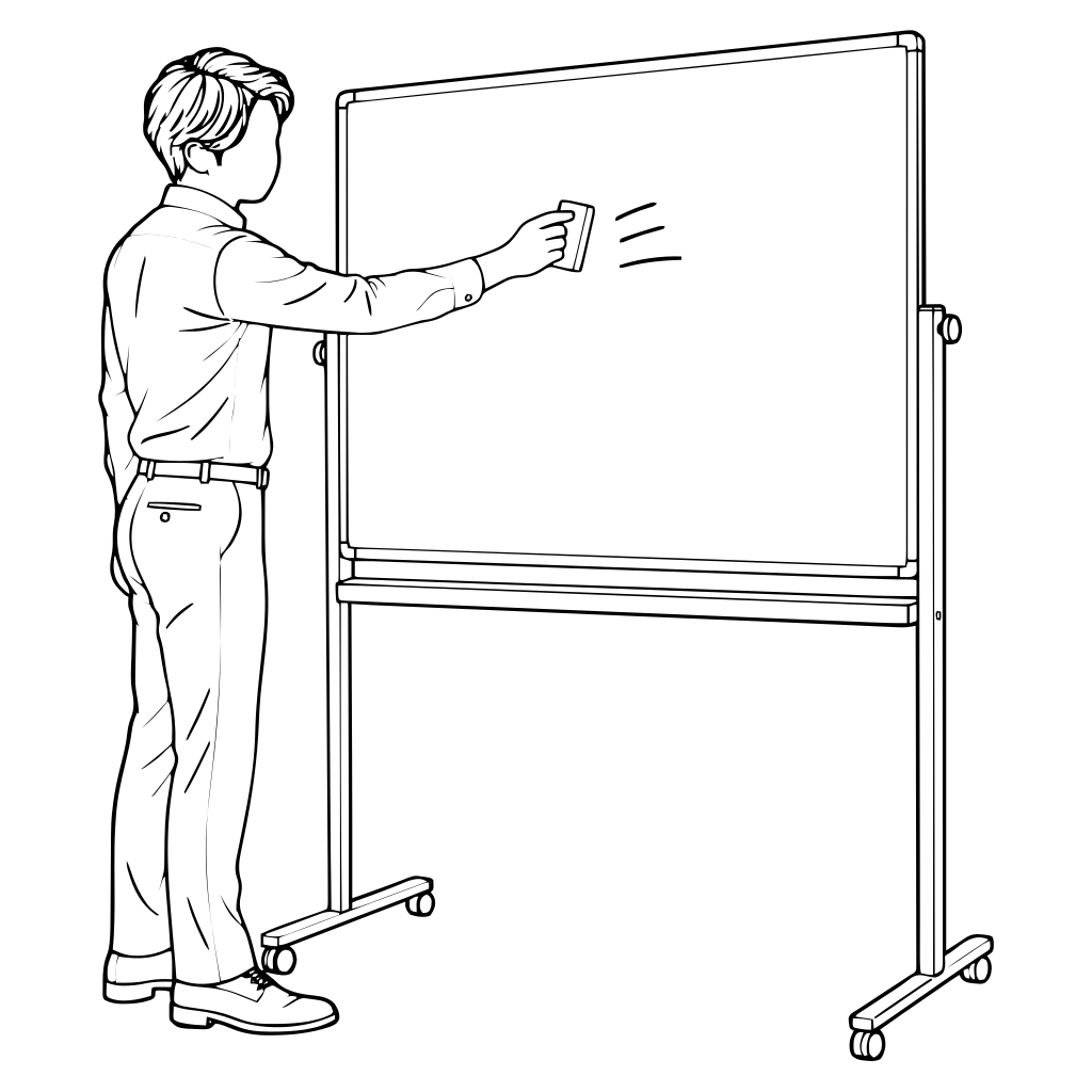 ホワイトボードを消すのイラスト（線画）