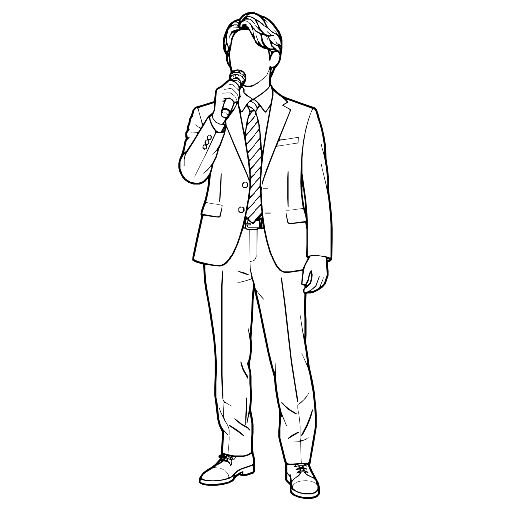 マイクを持って話すのイラスト（線画）