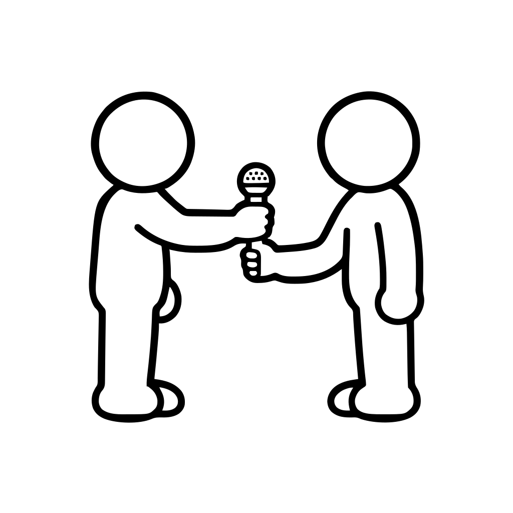 マイクを渡す2人のイラスト（丸みのあるデフォルメ）