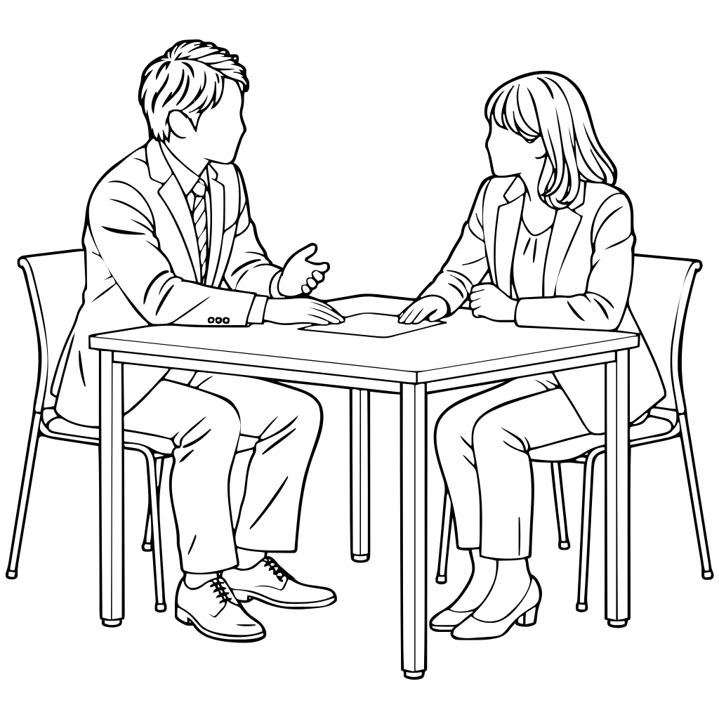 机を挟んで一対一で相談するのイラスト（線画）