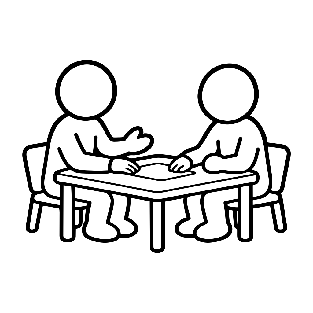 机を挟んで一対一で相談するのイラスト（丸みのあるデフォルメ）