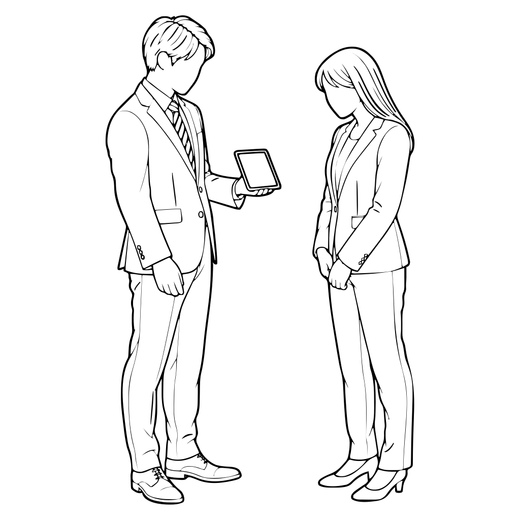 タブレットの画面を見せるのイラスト（線画）