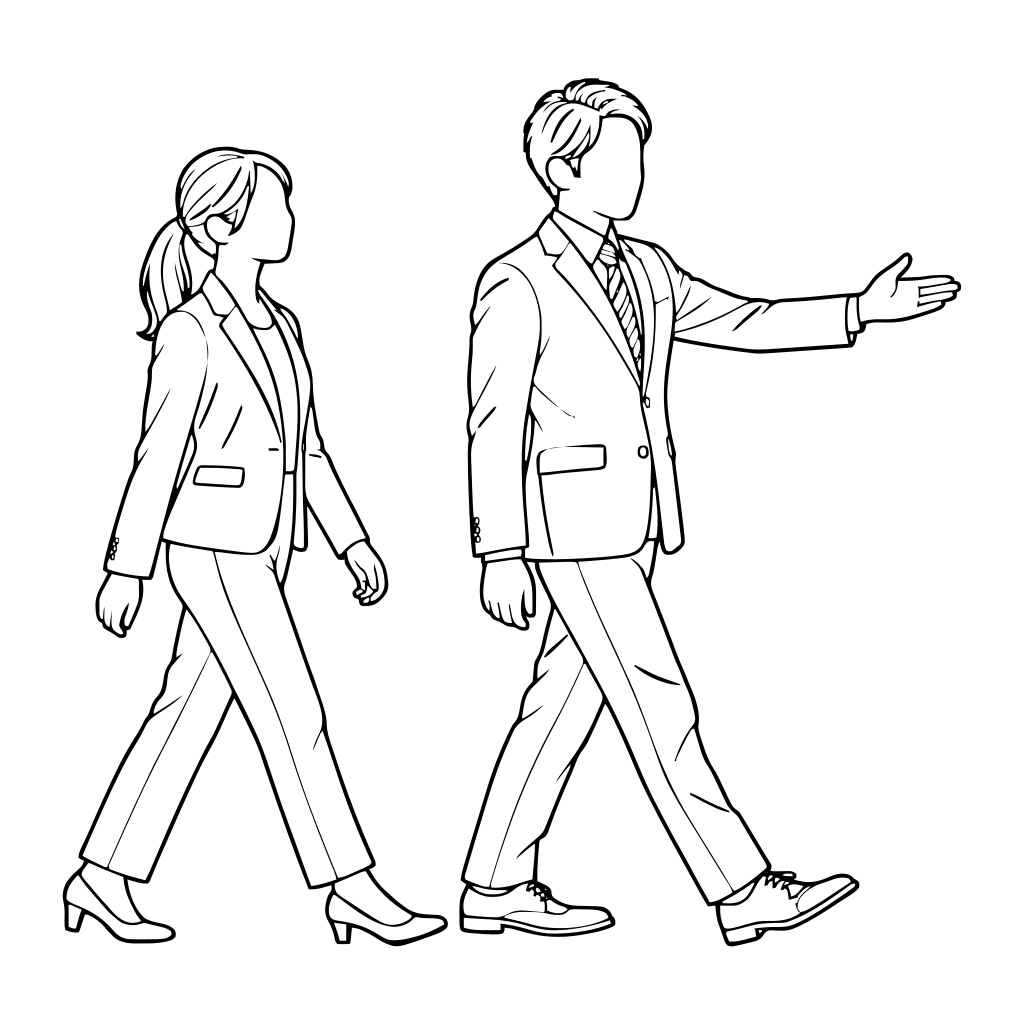 進む方向を案内する2人のイラスト（線画）