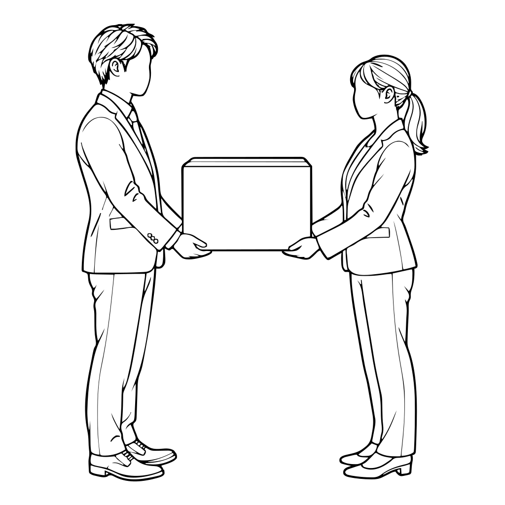 箱を手渡す2人のイラスト（線画）