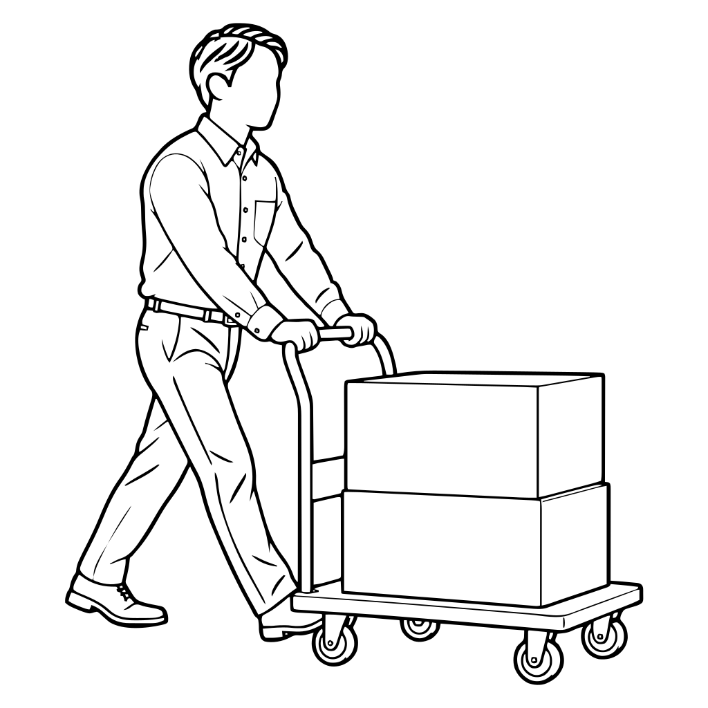 台車で荷物を運ぶのイラスト（線画）