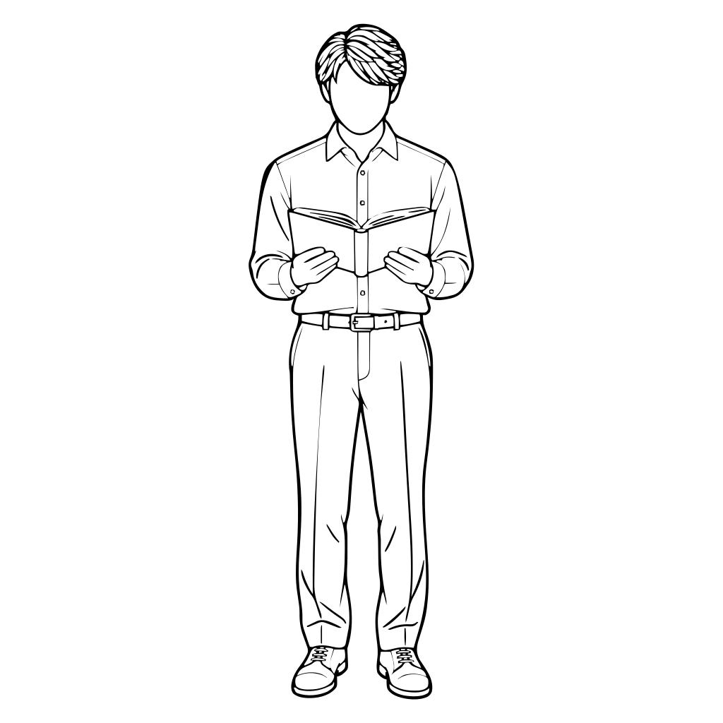 本を開いて調べるのイラスト（線画）