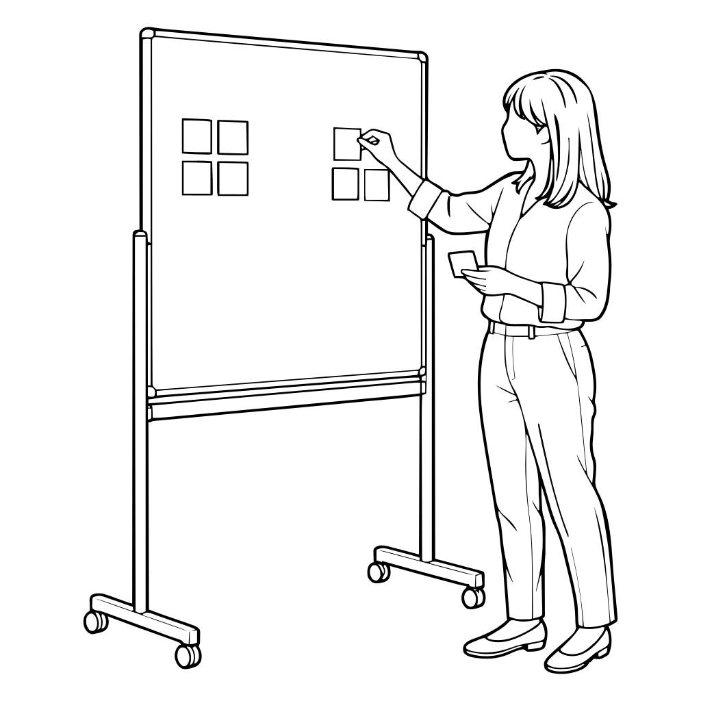 ボードの付箋を並べ替えるのイラスト（線画）
