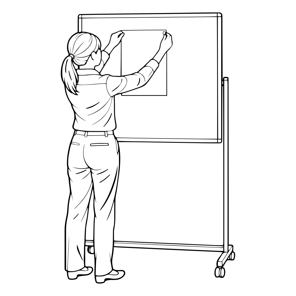 掲示板に案内を貼るのイラスト（線画）