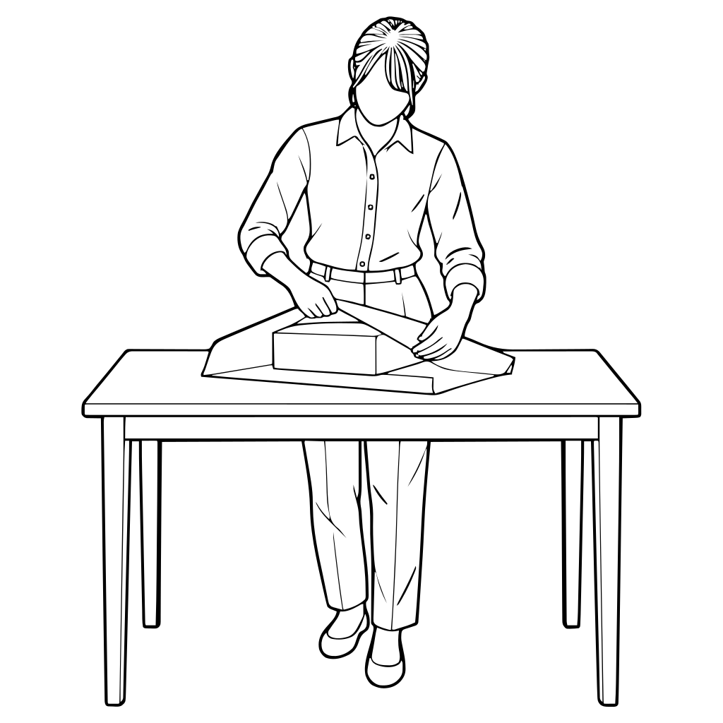 包装紙で商品を包むのイラスト（線画）