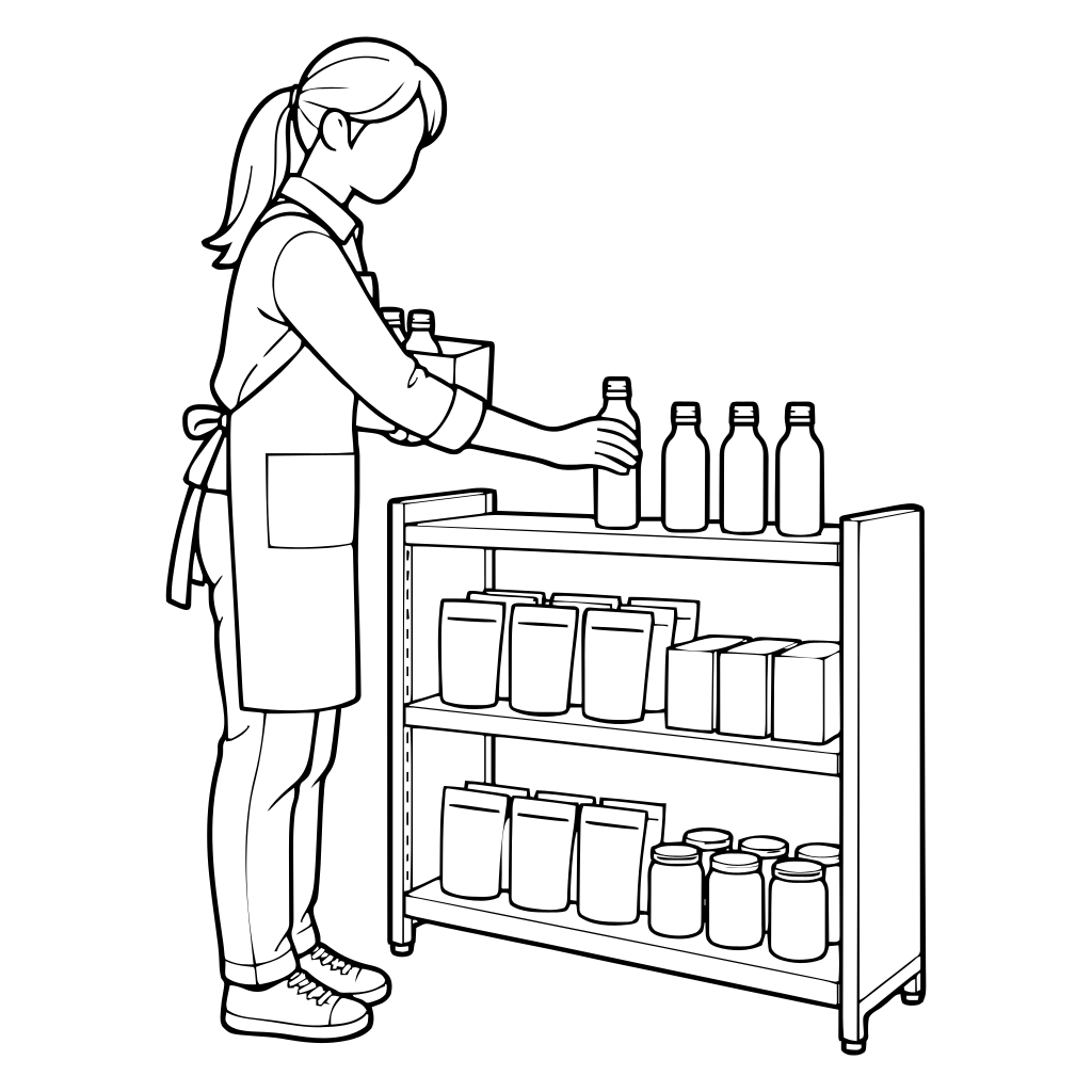 陳列棚に商品を並べるのイラスト（線画）
