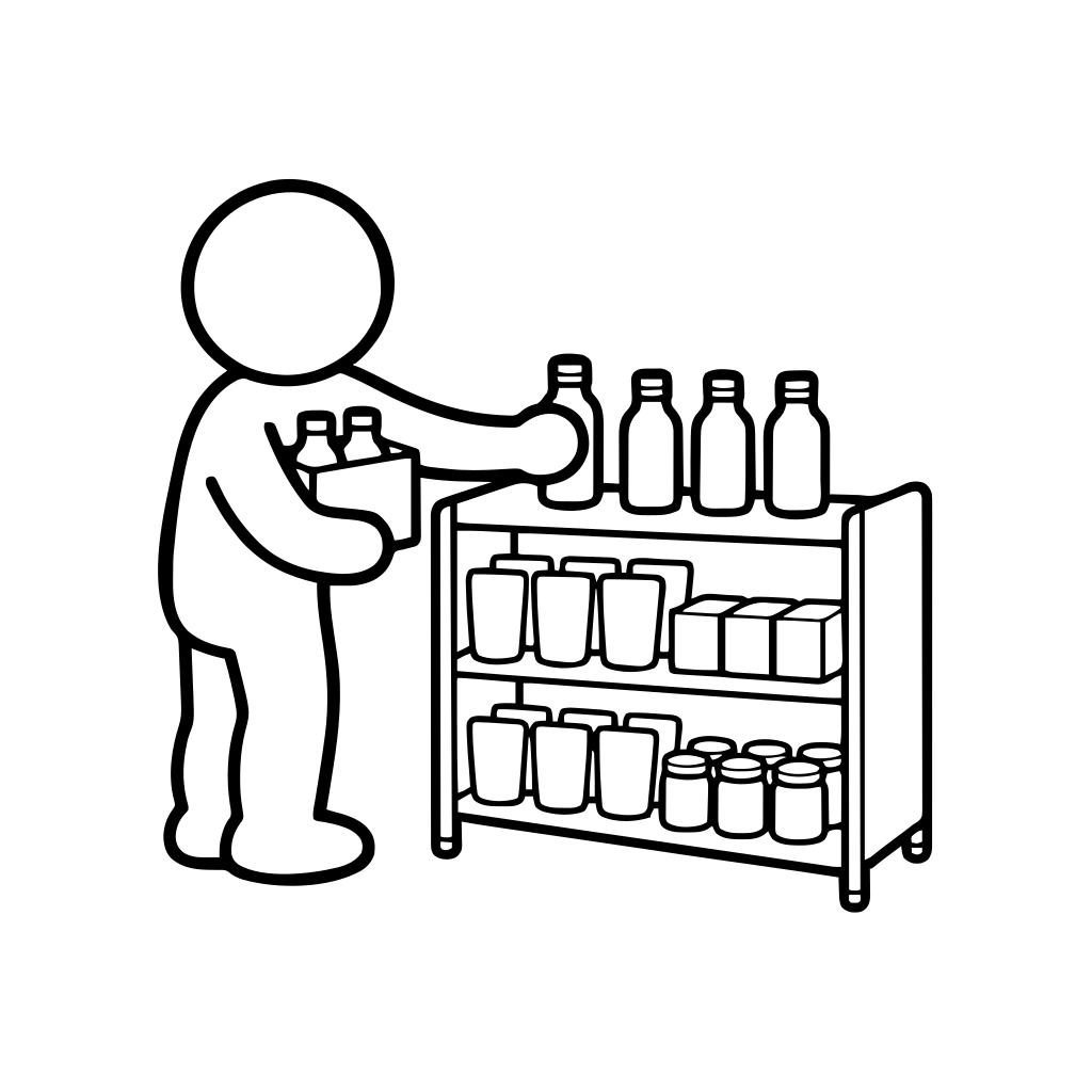陳列棚に商品を並べるのイラスト（丸みのあるデフォルメ）