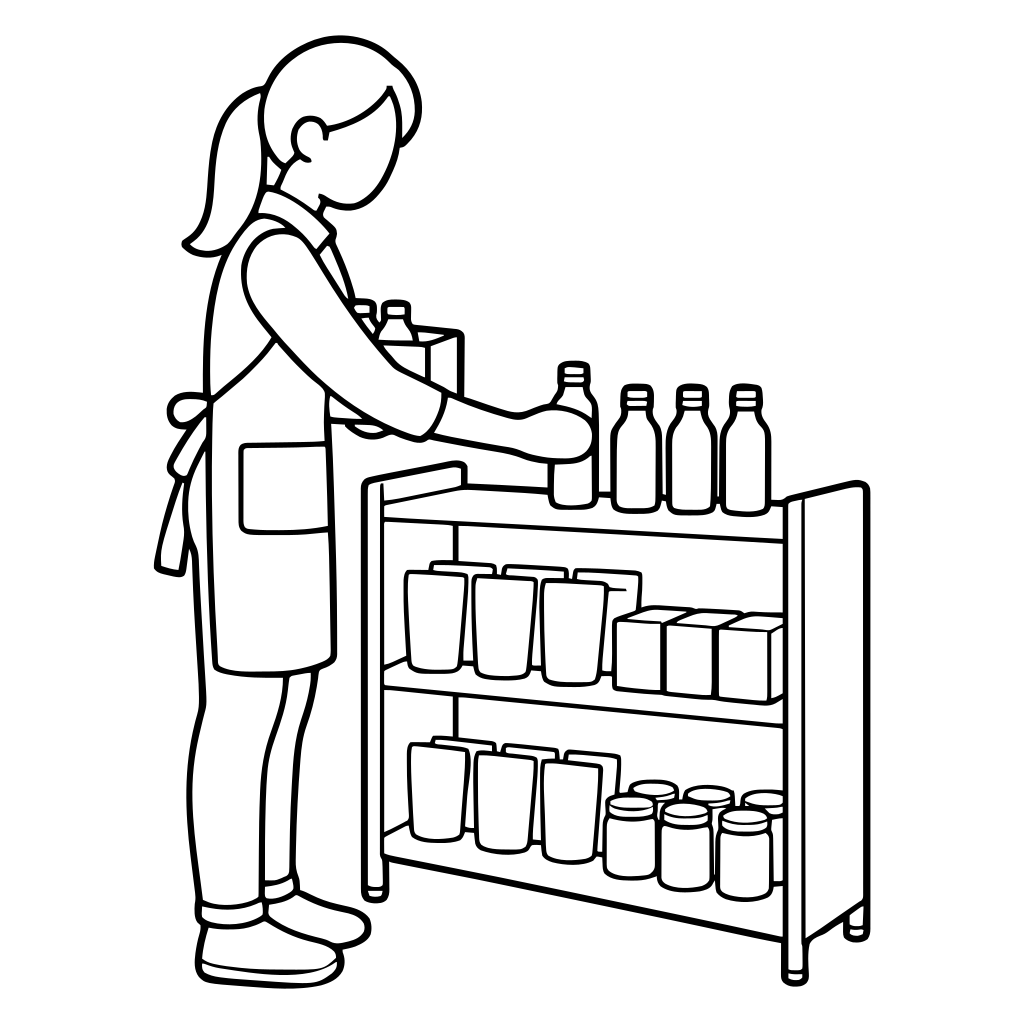 陳列棚に商品を並べるのイラスト（シンプル）