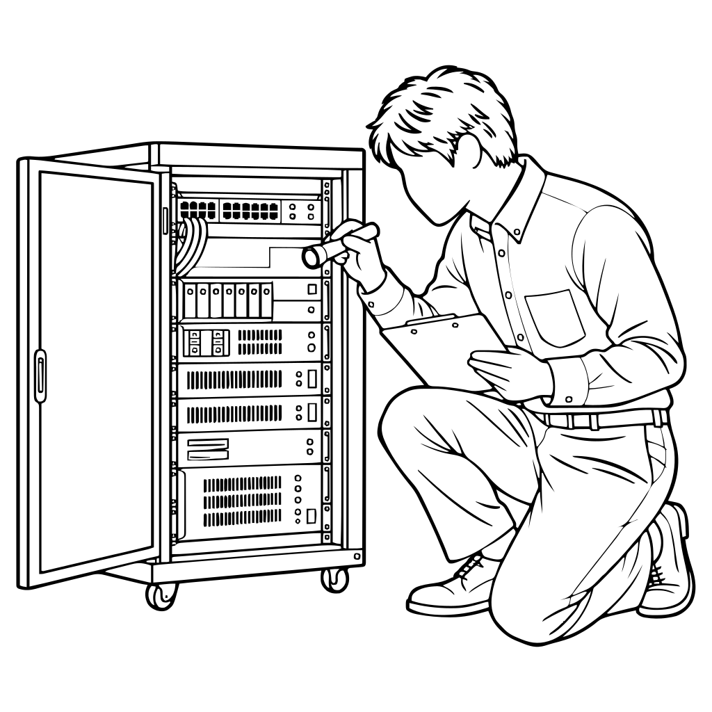 サーバーラックを点検するのイラスト（線画）