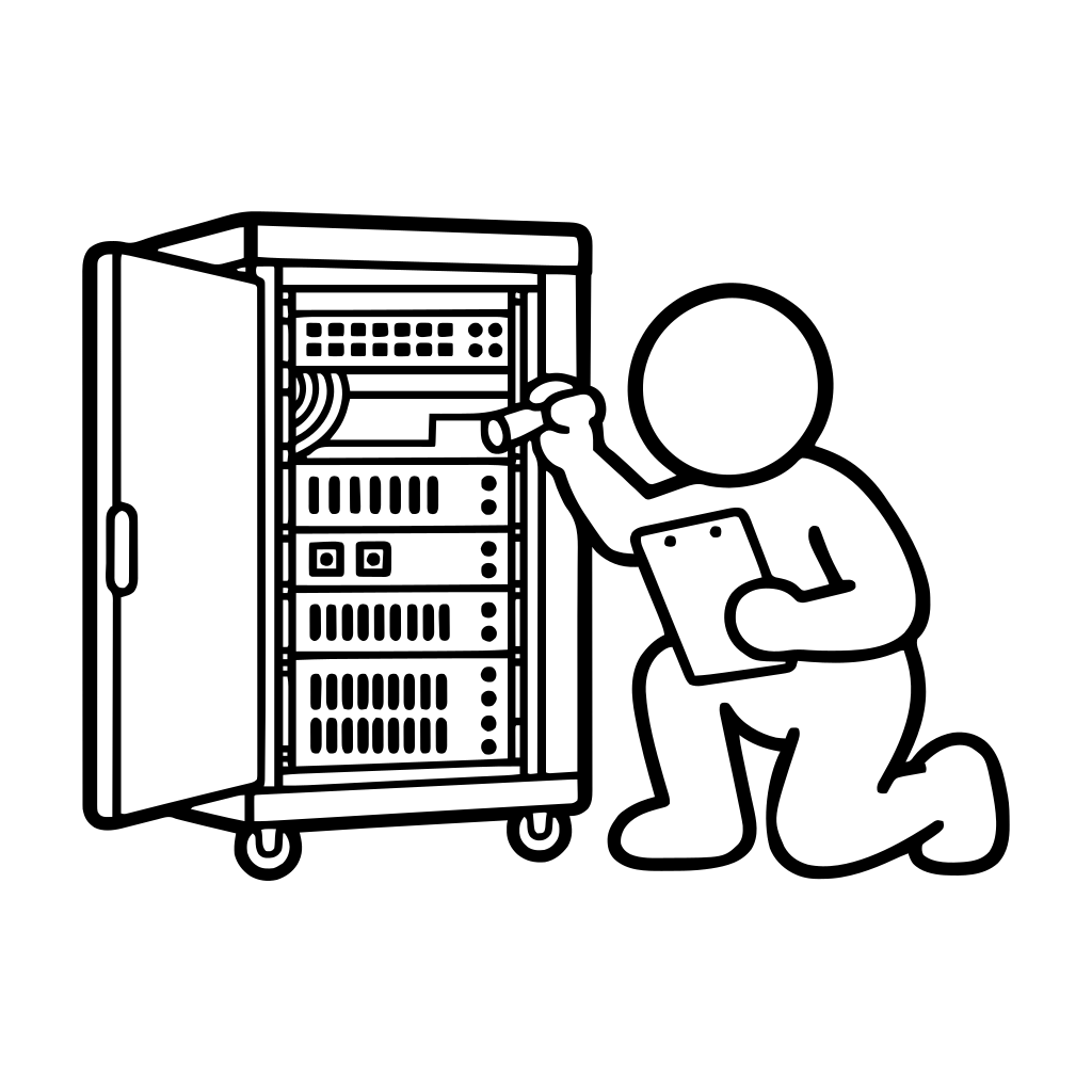 サーバーラックを点検するのイラスト（丸みのあるデフォルメ）