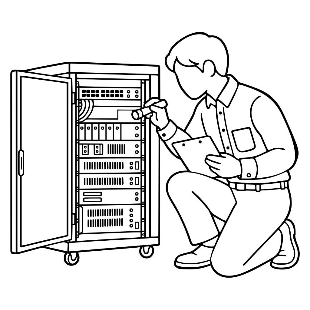 サーバーラックを点検するのイラスト（シンプル）