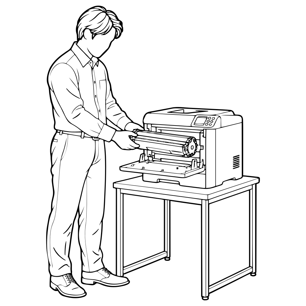 プリンターのトナーを交換するのイラスト（線画）