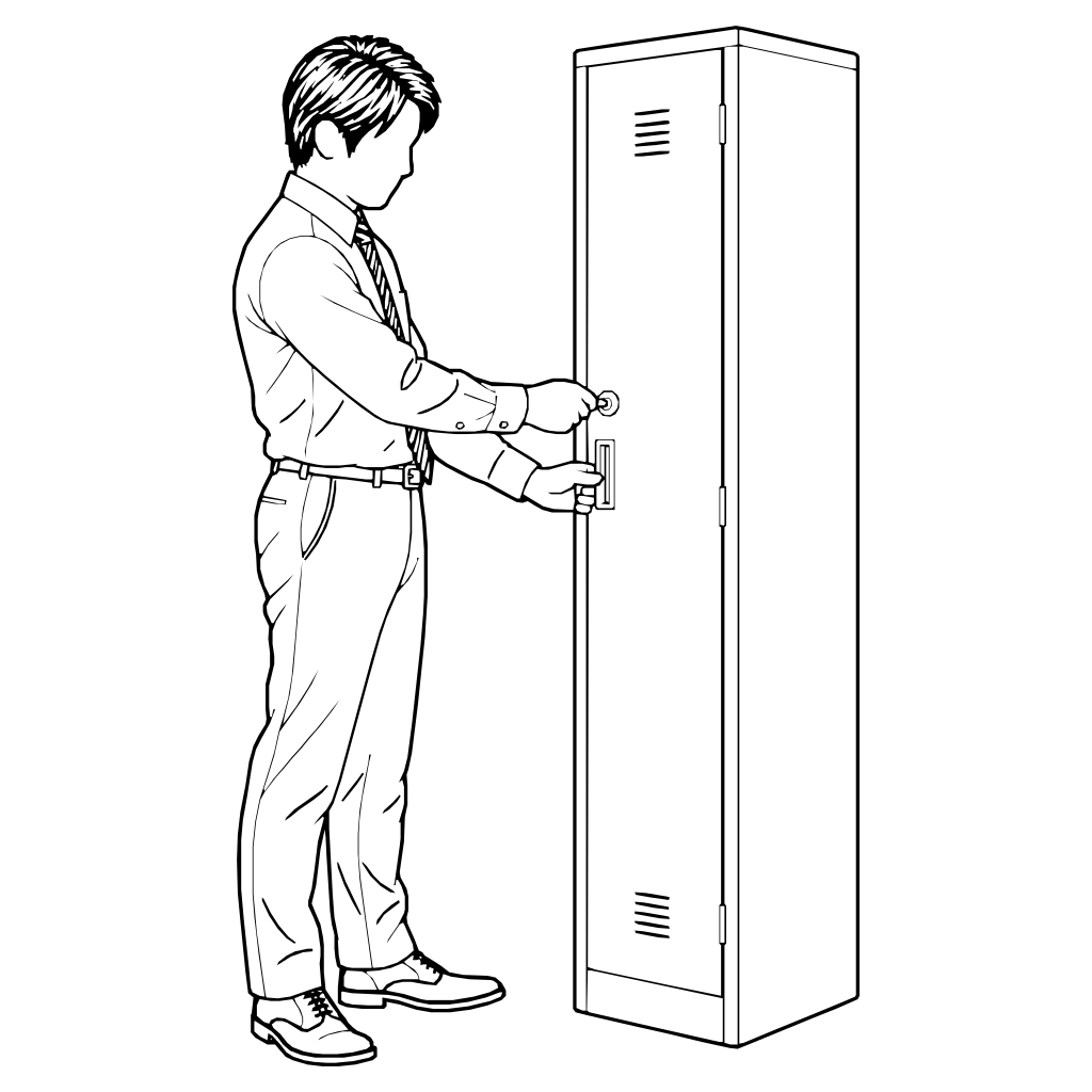鍵でロッカーを開けるのイラスト（線画）
