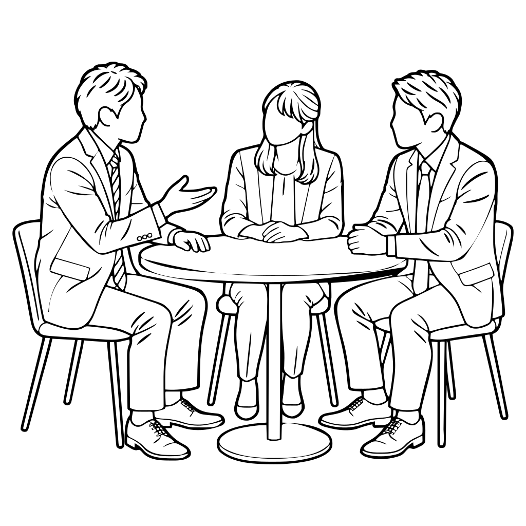 会議で話し合う3人のイラスト（線画）