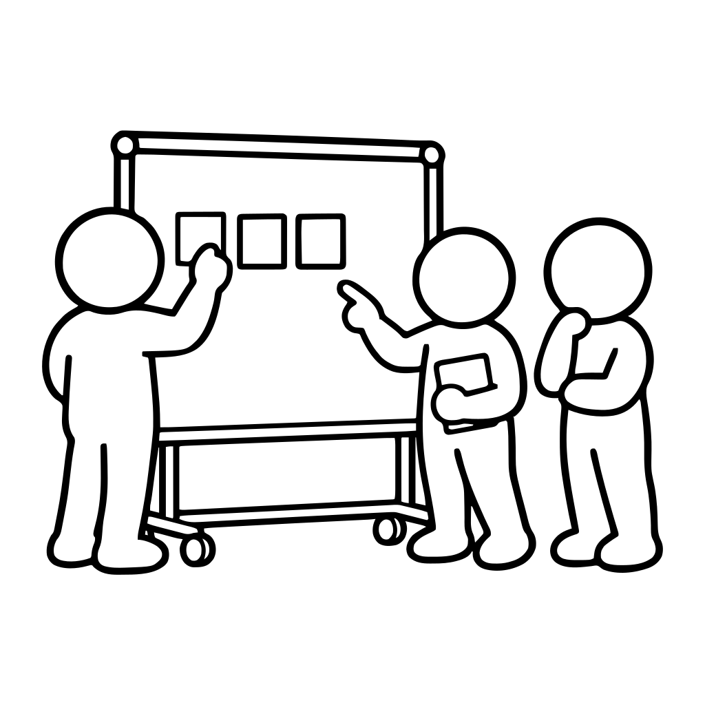付箋ボードで企画を練る3人のイラスト（丸みのあるデフォルメ）