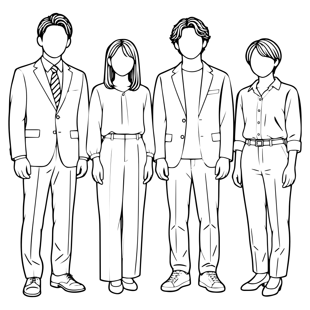 並んで立つ4人のチームのイラスト（線画）
