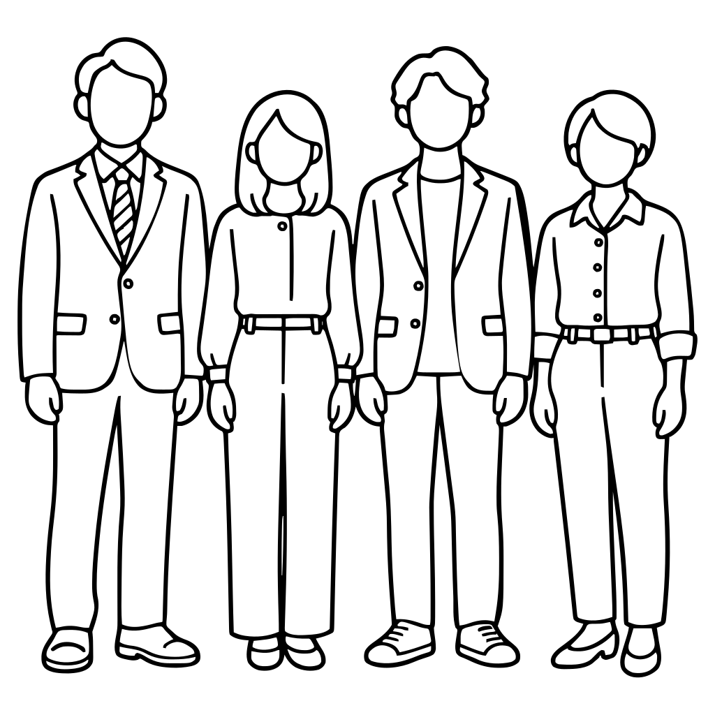 並んで立つ4人のチームのイラスト（シンプル）