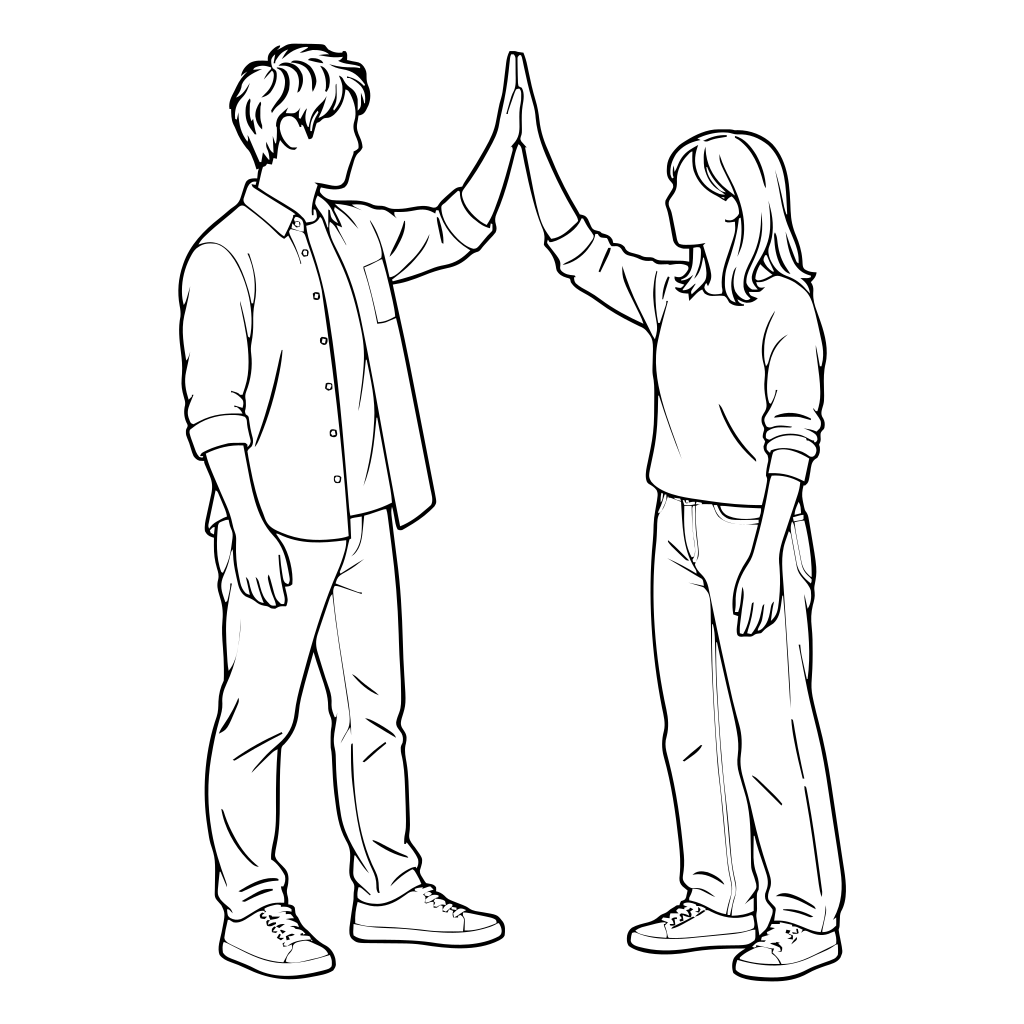 ハイタッチする2人のイラスト（線画）