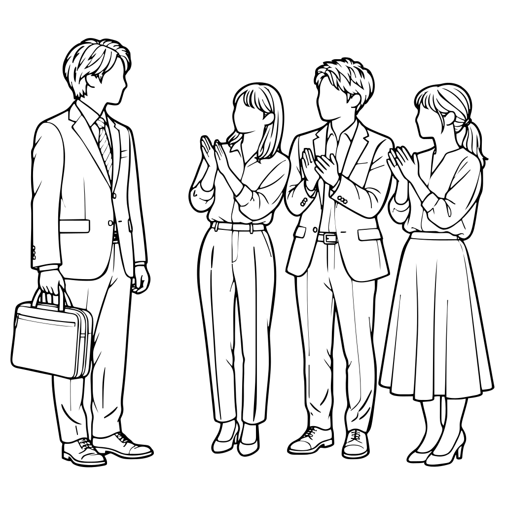 拍手で仲間を迎える3人のイラスト（線画）