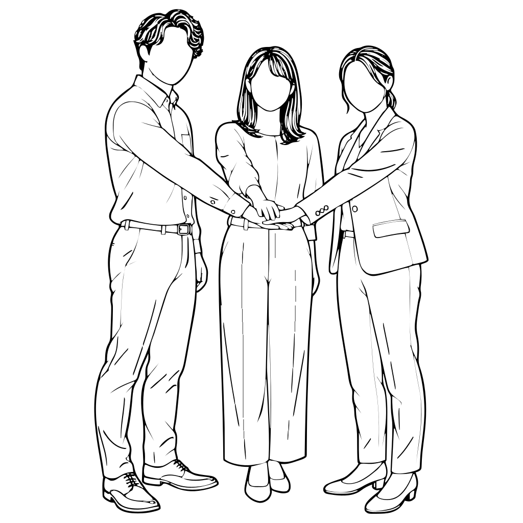 手を重ねて団結する3人のイラスト（線画）