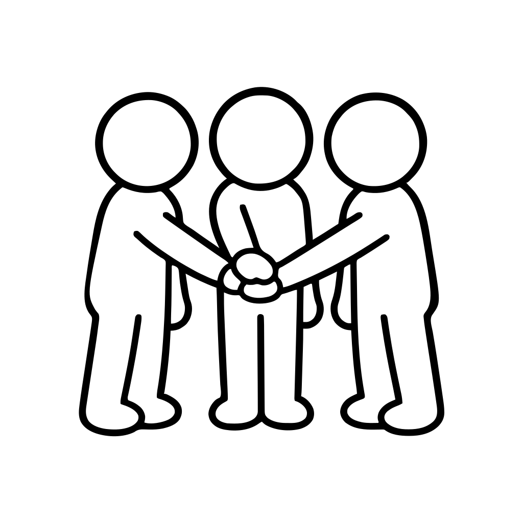 手を重ねて団結する3人のイラスト（丸みのあるデフォルメ）