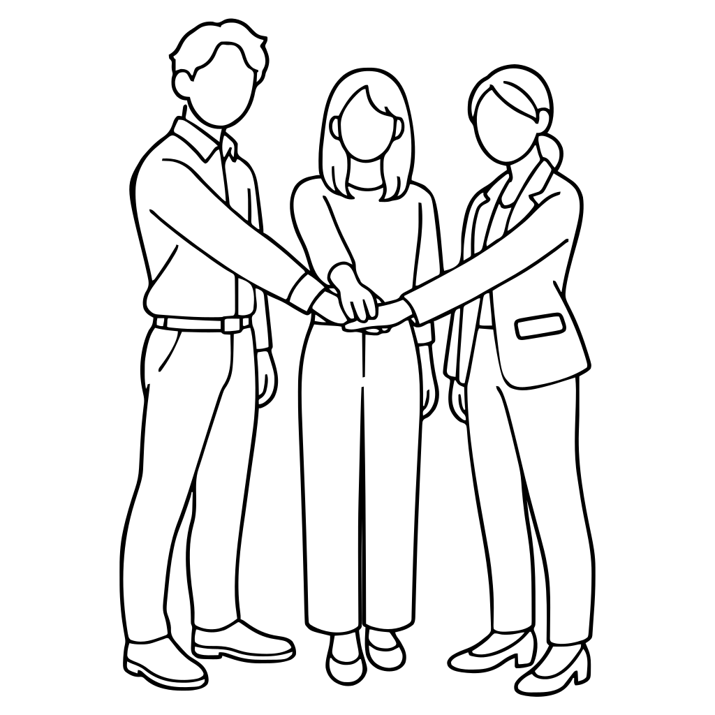 手を重ねて団結する3人のイラスト（シンプル）