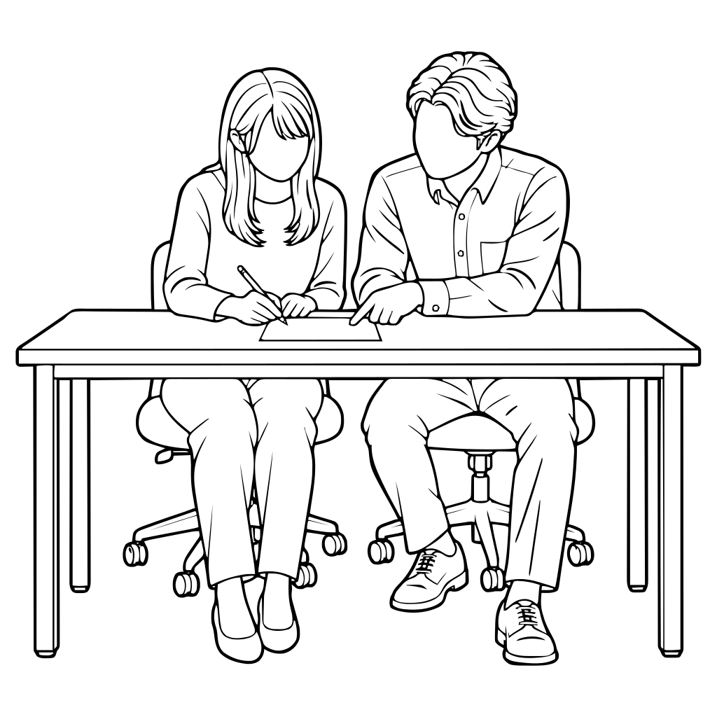 資料を指して教える2人のイラスト（線画）