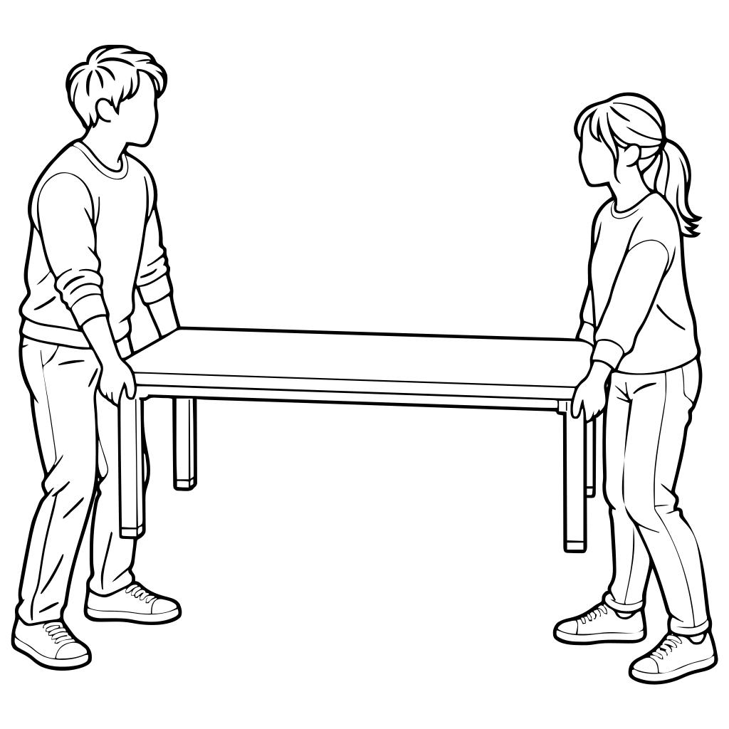 協力して机を運ぶ2人のイラスト（線画）
