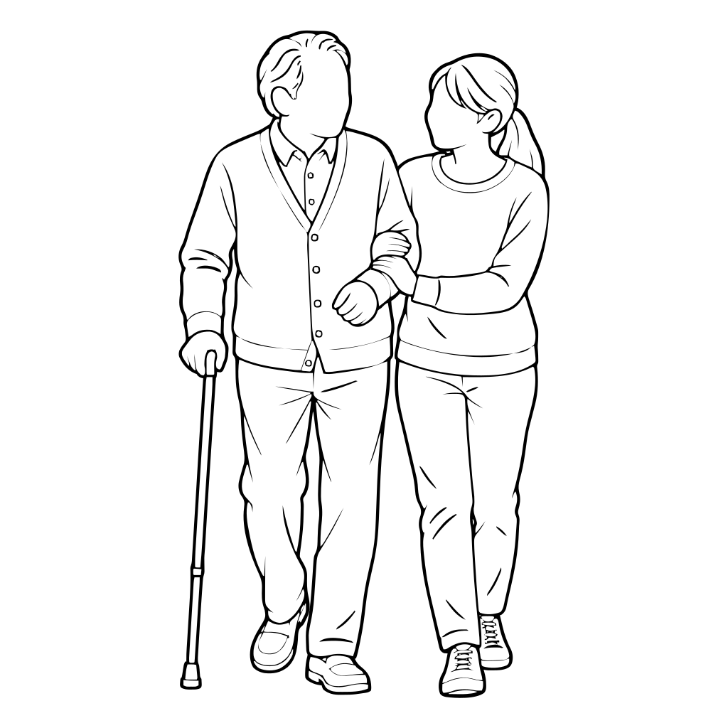 高齢の親に付き添って歩く成人の子のイラスト（線画）