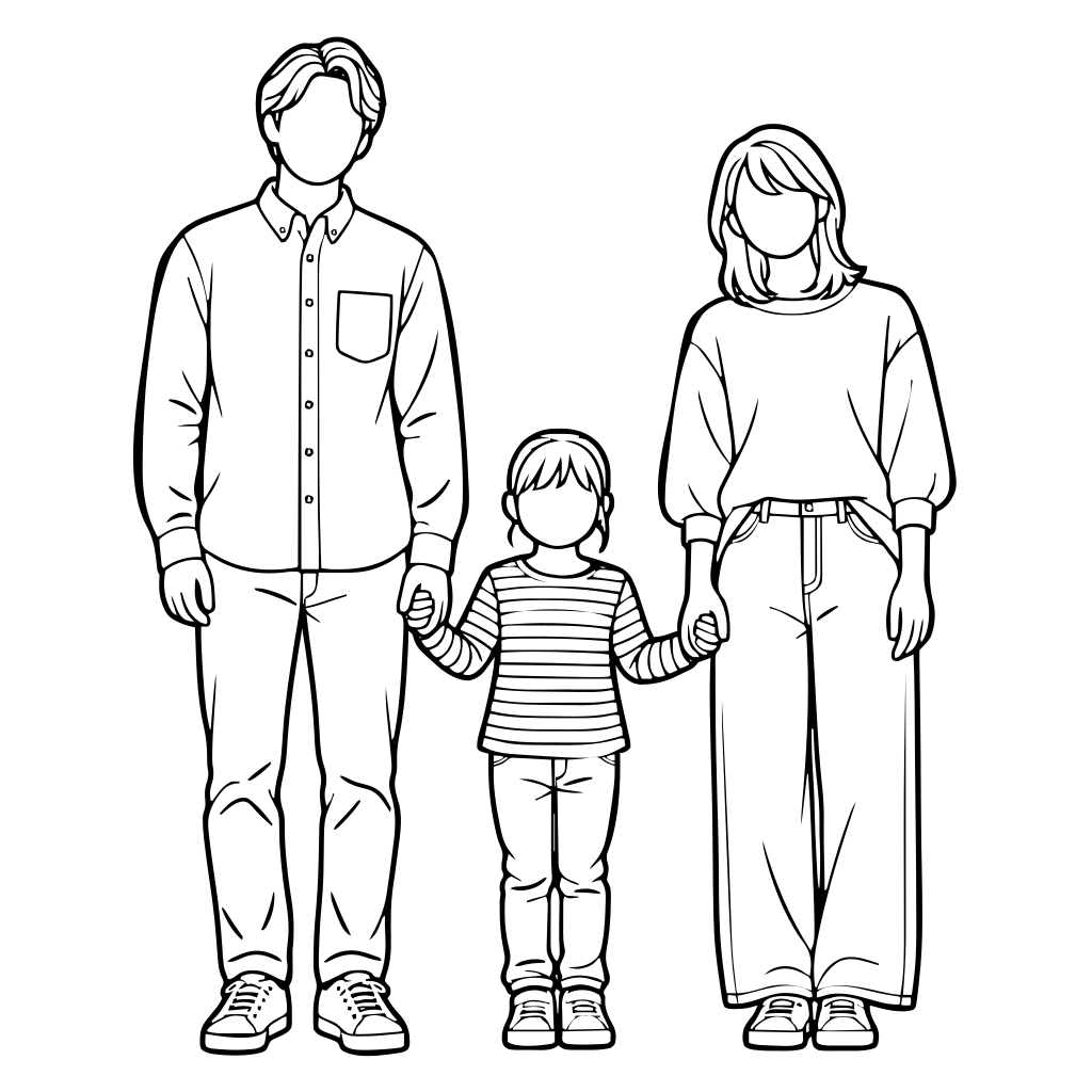 並んで手をつなぐ親子3人のイラスト（線画）