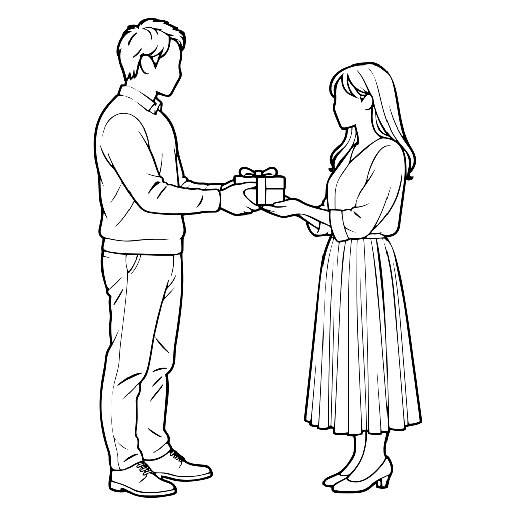 贈り物を渡す2人のイラスト（線画）