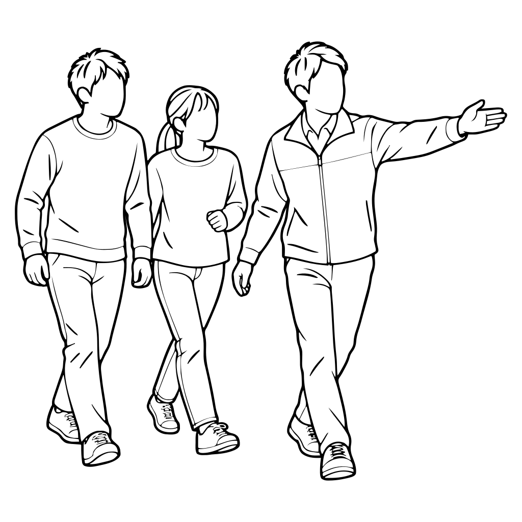 避難する2人を誘導する人のイラスト（線画）
