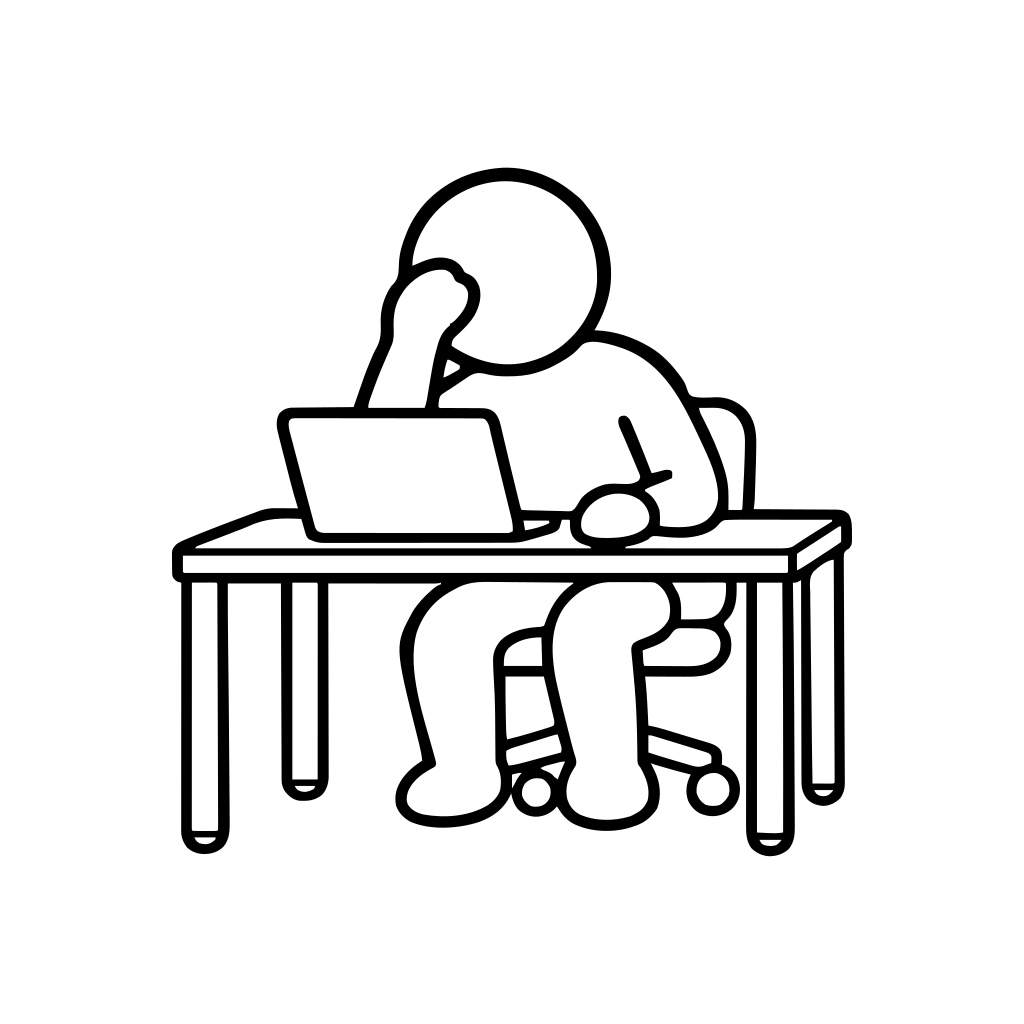 PCの前で悩む人のイラスト（丸みのあるデフォルメ）
