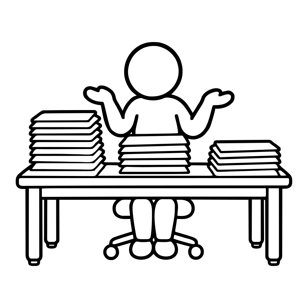 書類の山に困る人のイラスト（丸みのあるデフォルメ）