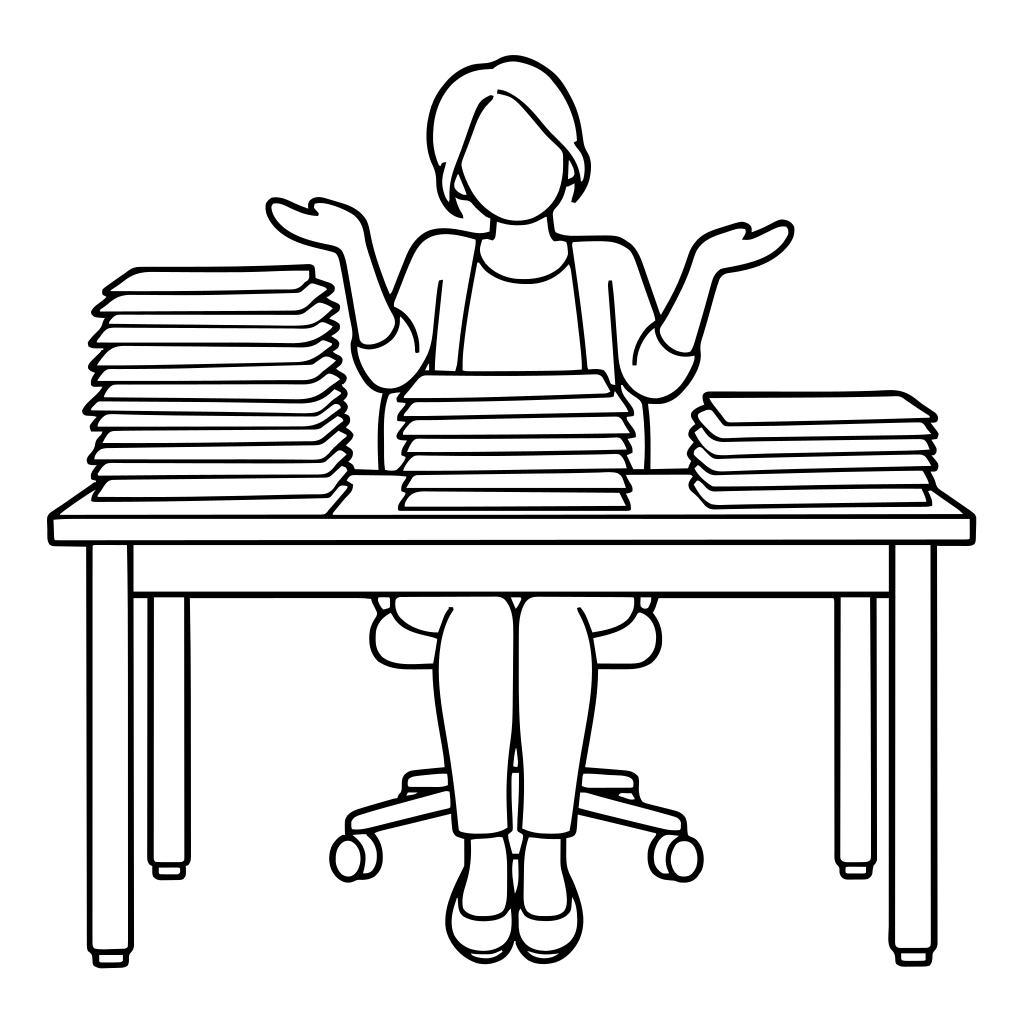 書類の山に困る人のイラスト（シンプル）