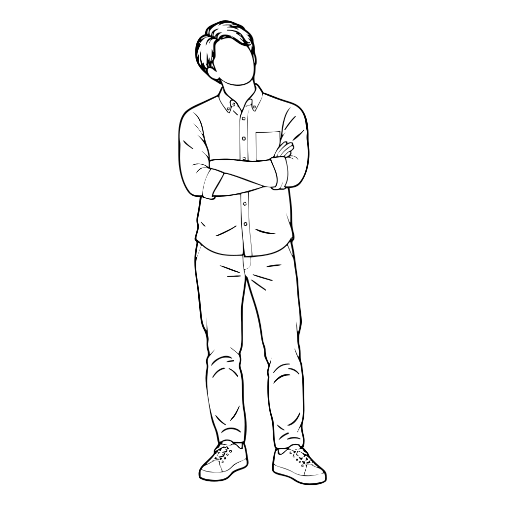 腕を組んで考える人のイラスト（線画）